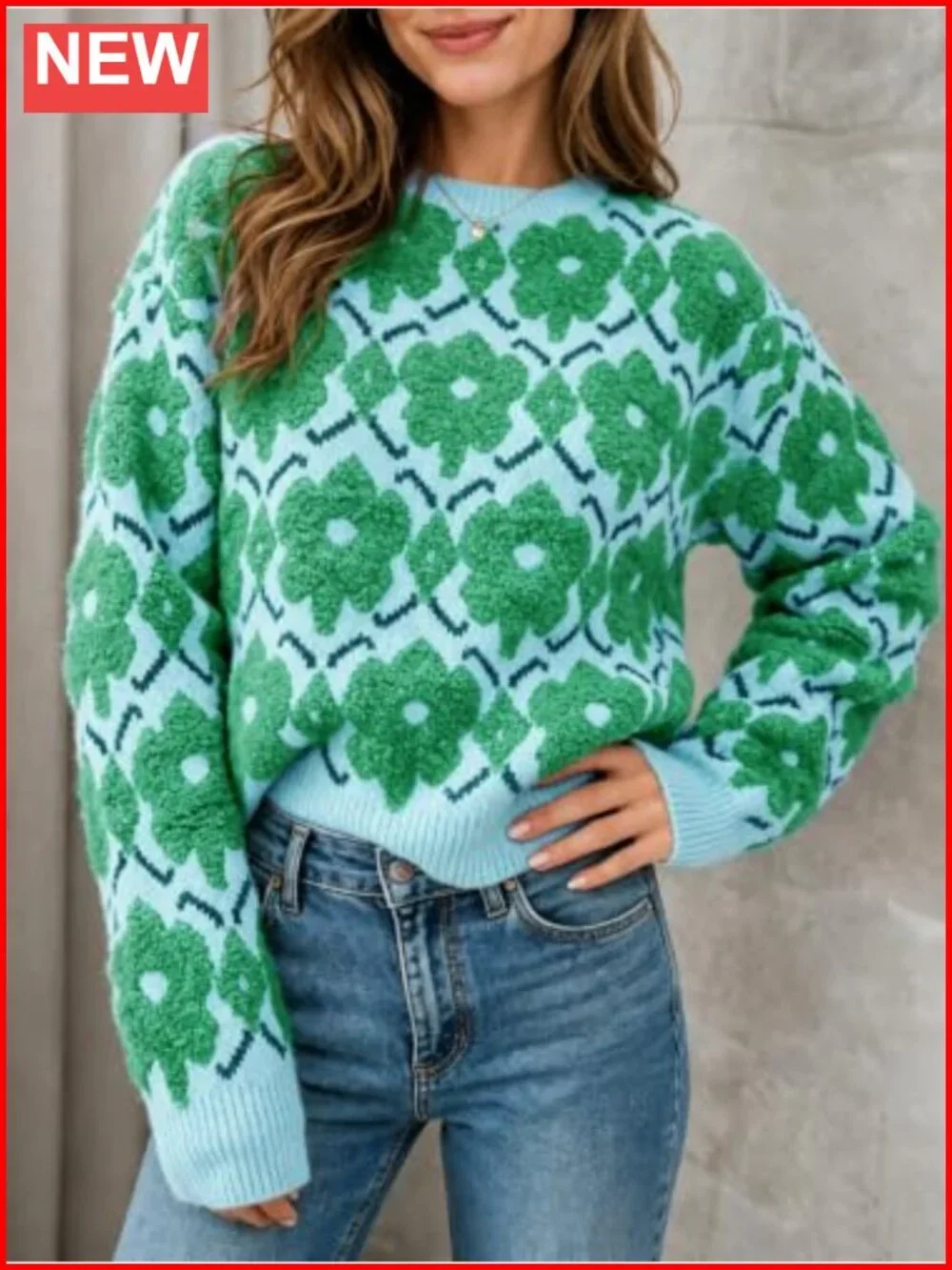Oversized Floral Knit Pullover Sweater Crewneck Long Sleeve Women's